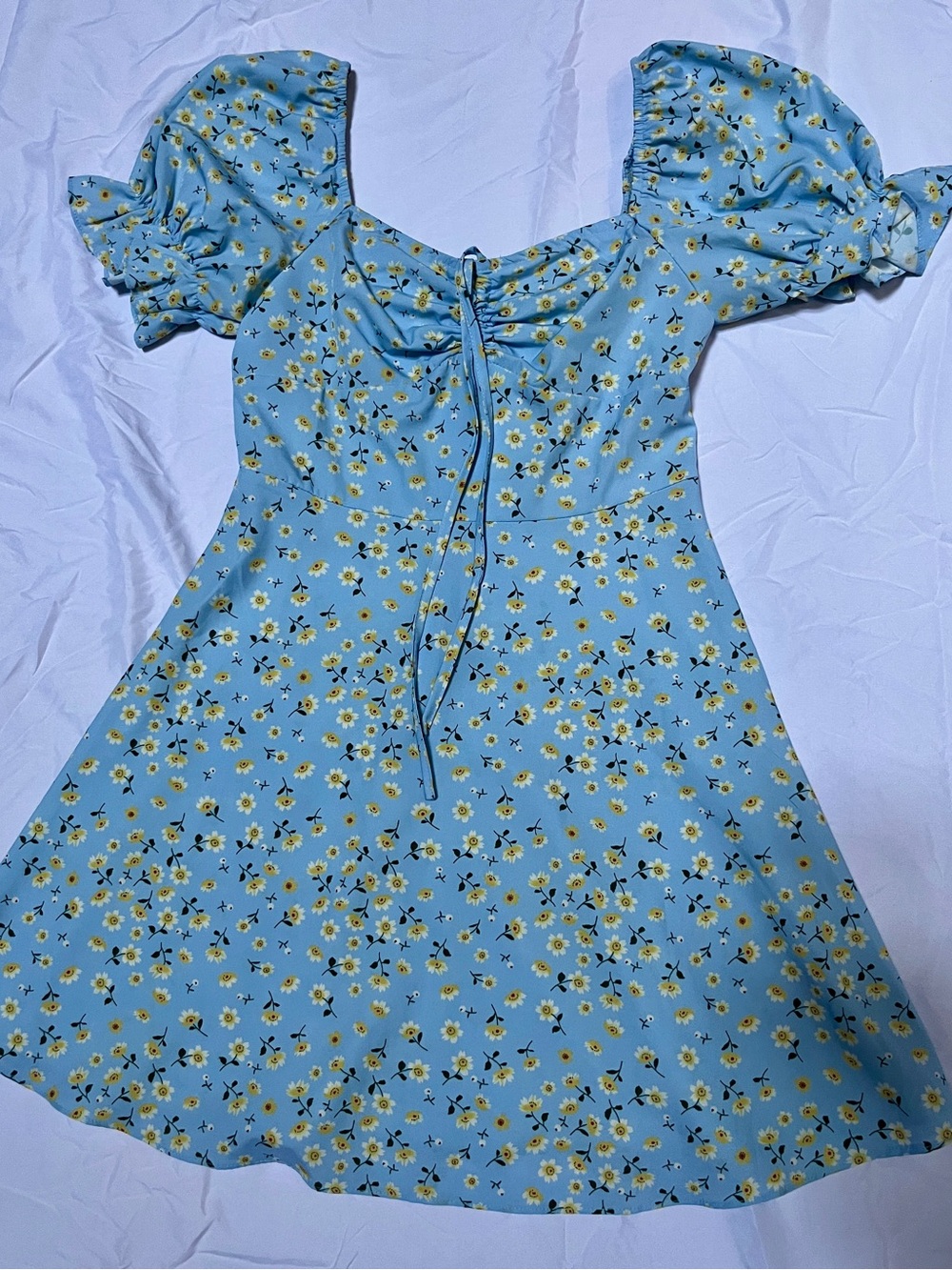 SHEIN Blue Floral Puff-Sleeve Tie-Back Dress